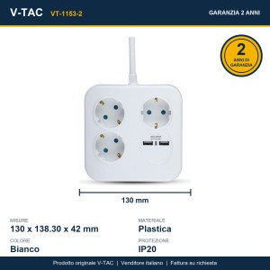 Multipresa quadra bianca con cavo 1,4m, 3 prese Schuko 10/16A e 2 USB-A V-TAC VT-1153-2 - foto 8