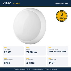 Plafoniera LED rotonda 20W CCT con sensore e kit emergenza IP54 V-TAC VT-8633 - foto 15