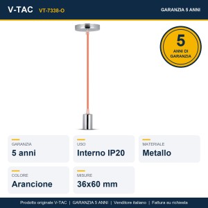 Lampadario a Sospensione E27 Max 60W Cilindro Cromato Cavo Arancione V-TAC VT-7338-O - foto 8