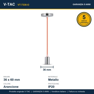 Lampadario a Sospensione E27 Max 60W Cilindro Cromato Cavo Arancione V-TAC VT-7338-O - foto 9