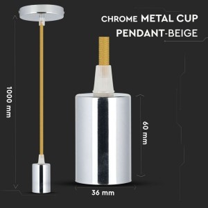 Lampadario LED a Sospensione E27 Max 60W Cilindro Cromato Cavo Beige V-TAC VT-7338-BE - foto 2