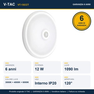 Plafoniera LED rotonda 12W con sensore PIR CCT 3000K 4000K 6000K bianca V-TAC VT-13CCT - foto 10