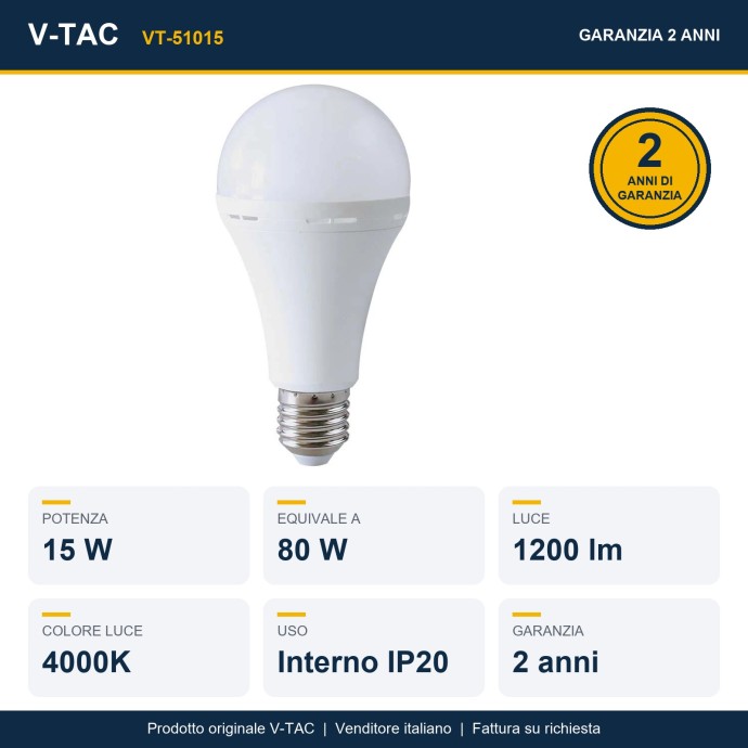 Lampadina LED E27 15W A90 4000K con Batteria e Funzione Torcia V-TAC VT-51015