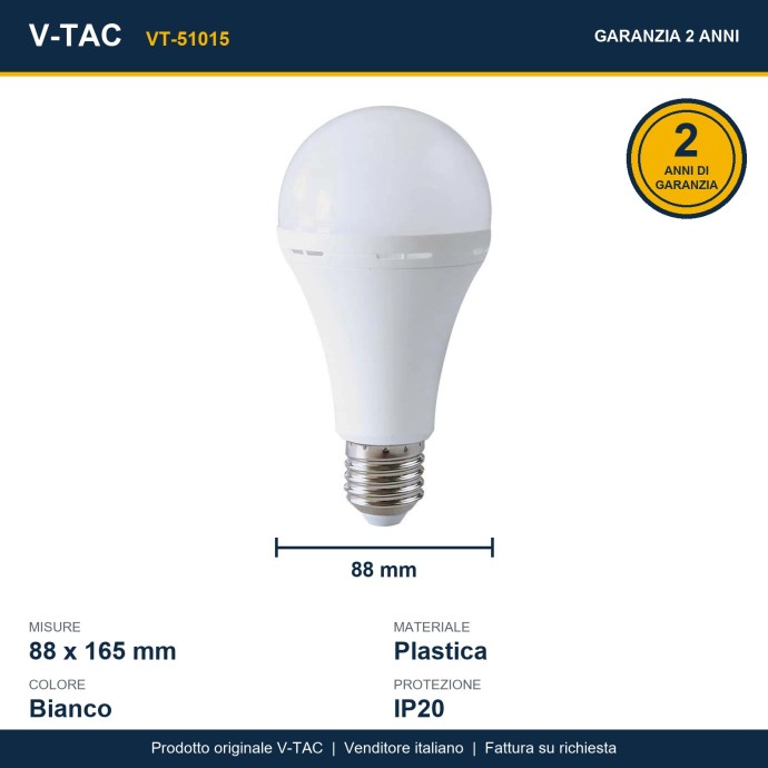 Lampadina LED E27 15W A90 4000K con Batteria e Funzione Torcia V-TAC VT-51015