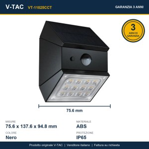 Applique LED Solare 2,5W CCT 3000K 4000K 6000K IP65 Sensore PIR V-TAC VT-11025CCT - foto 20