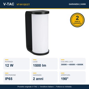 Applique LED da esterno 12W CCT 3000K 4000K 6000K IP65 nera cilindrica V-TAC VT-9112CCT - foto 9