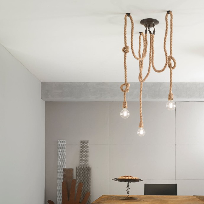 Plafoniera ROPE 3 luci E27 in canapa e metallo nero Luce Ambiente e Design