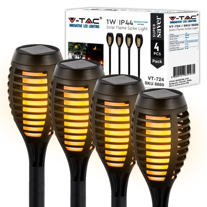 Lampada LED Solare Torcia con Picchetto 1W 2200K IP44 Nero 4 pezzi V-TAC VT-724