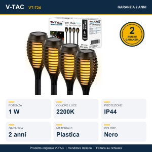 Lampada LED Solare Torcia con Picchetto 1W 2200K IP44 Nero 4 pezzi V-TAC VT-724 - foto 10
