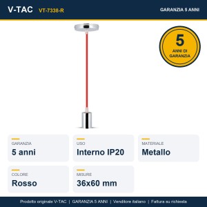 Lampadario a Sospensione E27 Max 60W Cilindro Metallo Cromato Cavo Rosso V-TAC VT-7338-R - foto 8