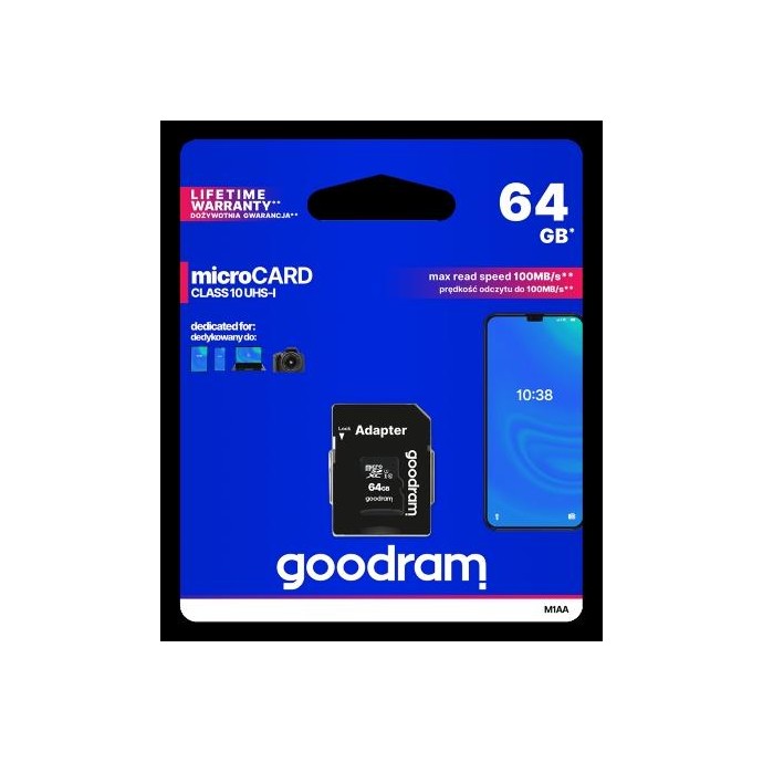 microSD GoodRAM 64GB class 10 UHS I + adpter, ret. blister microSD GoodRAM 64GB class 10 UHS I + adpter, ret. blister