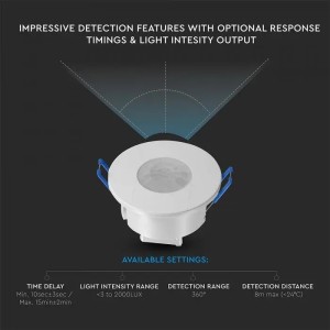 Sensore di movimento PIR 360° a incasso 8m 600W LED IP20 bianco V-TAC VT-81041 - foto 6