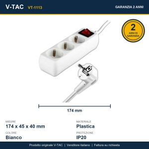 Multipresa 3 prese Schuko 16A con cavo 5m e interruttore bianco V-TAC VT-1113 - foto 8