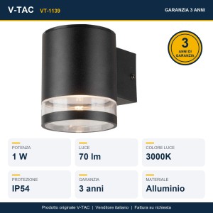 Applique LED Solare da Esterno 1W 3000K IP54 Nera Cilindrica V-TAC VT-1139 - foto 9