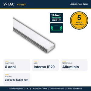 Profilo Lineare in Alluminio per Strip LED 15.7mm, 2 metri, Copertura Opaca, V-TAC VT-8157 - foto 5