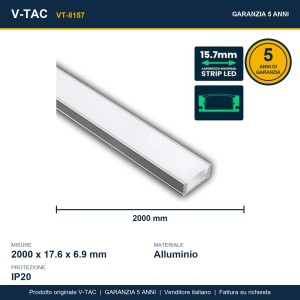 Profilo Lineare in Alluminio per Strip LED 15.7mm, 2 metri, Copertura Opaca, V-TAC VT-8157 - foto 6
