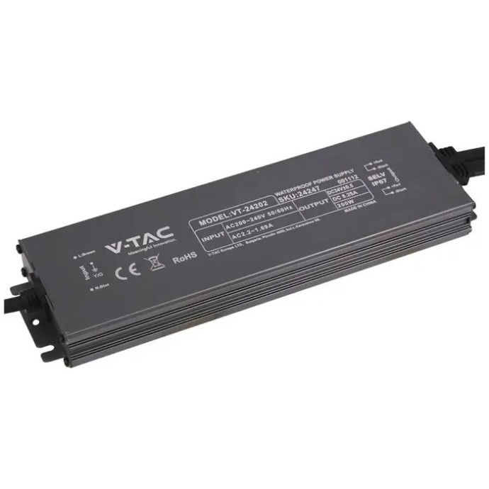 Alimentatore LED 24V 200W 8.25A IP67 in Metallo Nero V-TAC VT-24202