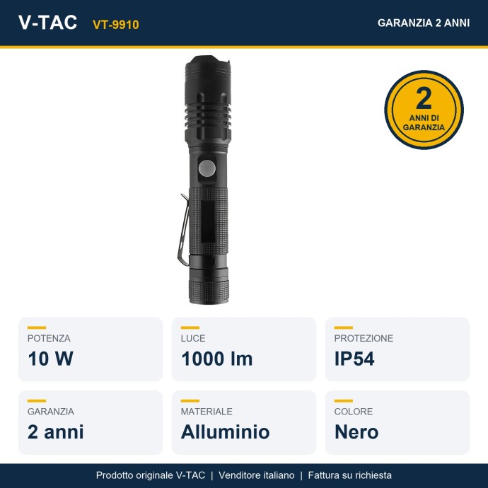 Torcia LED ricaricabile 10W USB-C 1000lm IP54 in alluminio nero V-TAC VT-9910
