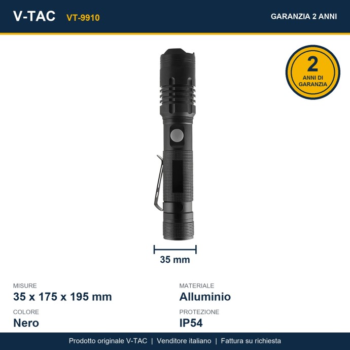 Torcia LED ricaricabile 10W USB-C 1000lm IP54 in alluminio nero V-TAC VT-9910