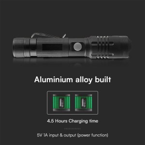 Torcia LED ricaricabile 10W USB-C 1000lm IP54 in alluminio nero V-TAC VT-9910 - foto 5