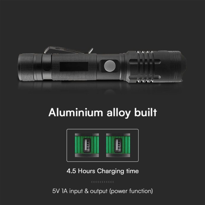 Torcia LED ricaricabile 10W USB-C 1000lm IP54 in alluminio nero V-TAC VT-9910