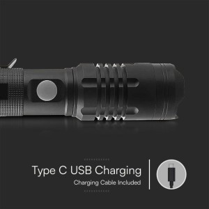Torcia LED ricaricabile 10W USB-C 1000lm IP54 in alluminio nero V-TAC VT-9910 - foto 7