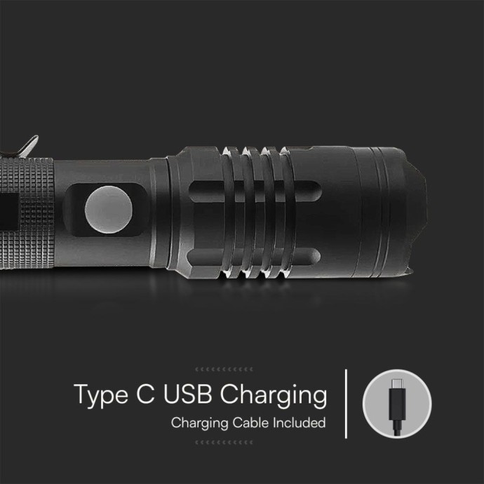 Torcia LED ricaricabile 10W USB-C 1000lm IP54 in alluminio nero V-TAC VT-9910