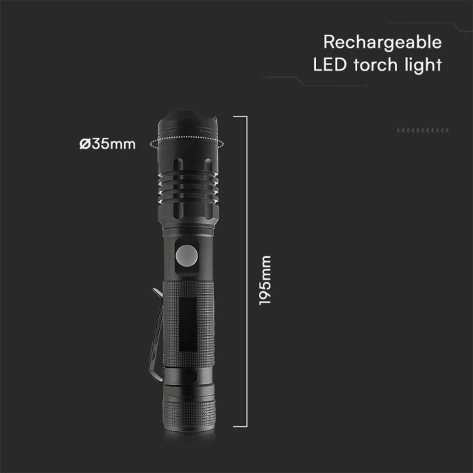 Torcia LED ricaricabile 10W USB-C 1000lm IP54 in alluminio nero V-TAC VT-9910