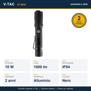 Torcia LED ricaricabile 10W USB-C 1000lm IP54 in alluminio nero V-TAC VT-9910 - foto 9