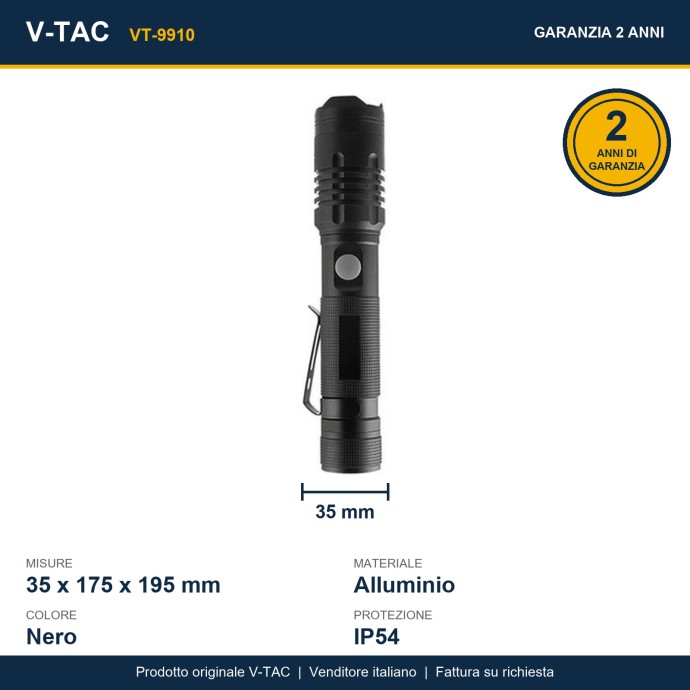 Torcia LED ricaricabile 10W USB-C 1000lm IP54 in alluminio nero V-TAC VT-9910