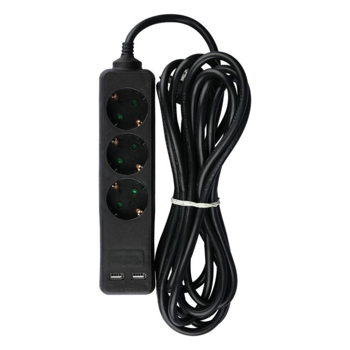 Multipresa 3 Prese Schuko 16A con 2 USB-A, Cavo 5m, Nero - V-TAC VT-1125-2