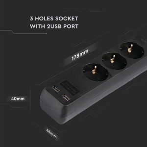 Multipresa 3 Prese Schuko 16A con 2 USB-A, Cavo 5m, Nero - V-TAC VT-1125-2 - foto 2
