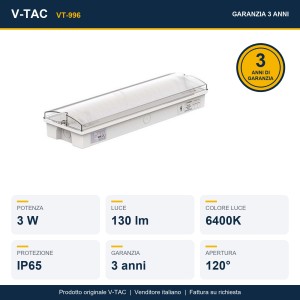 Lampada LED di emergenza 3W 6400K IP65 autonomia 3h V-TAC VT-996 - foto 12