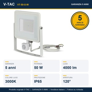 Faro LED 50W 3000K IP65 con Sensore PIR e Crepuscolare Bianco V-TAC VT-50-S-W - foto 16