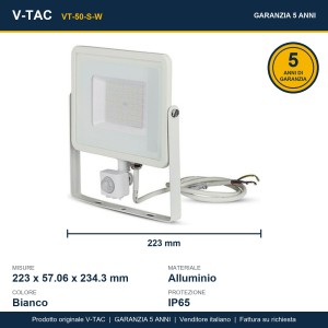 Faro LED 50W 3000K IP65 con Sensore PIR e Crepuscolare Bianco V-TAC VT-50-S-W - foto 17
