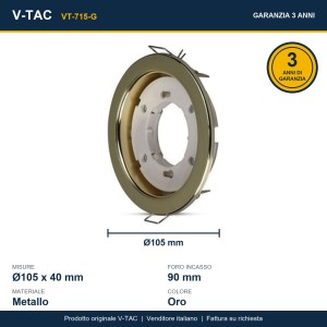 Portafaretto LED da Incasso Rotondo GX53 Oro Ø105 mm IP20 V-TAC VT-715-G - foto 12