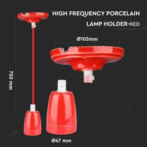 Portalampada Sospensione E27 60W in Porcellana Rosso con Cavo in Corda V-TAC VT-7998-R - foto 2