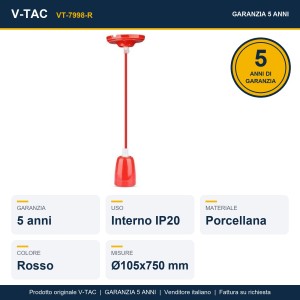 Portalampada Sospensione E27 60W in Porcellana Rosso con Cavo in Corda V-TAC VT-7998-R - foto 7