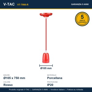 Portalampada Sospensione E27 60W in Porcellana Rosso con Cavo in Corda V-TAC VT-7998-R - foto 8