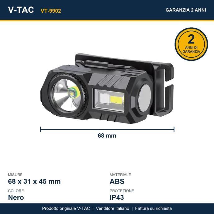 Torcia LED Frontale Ricaricabile USB-C 3W 190lm IP43 con Cintura in Silicone V-TAC VT-9902
