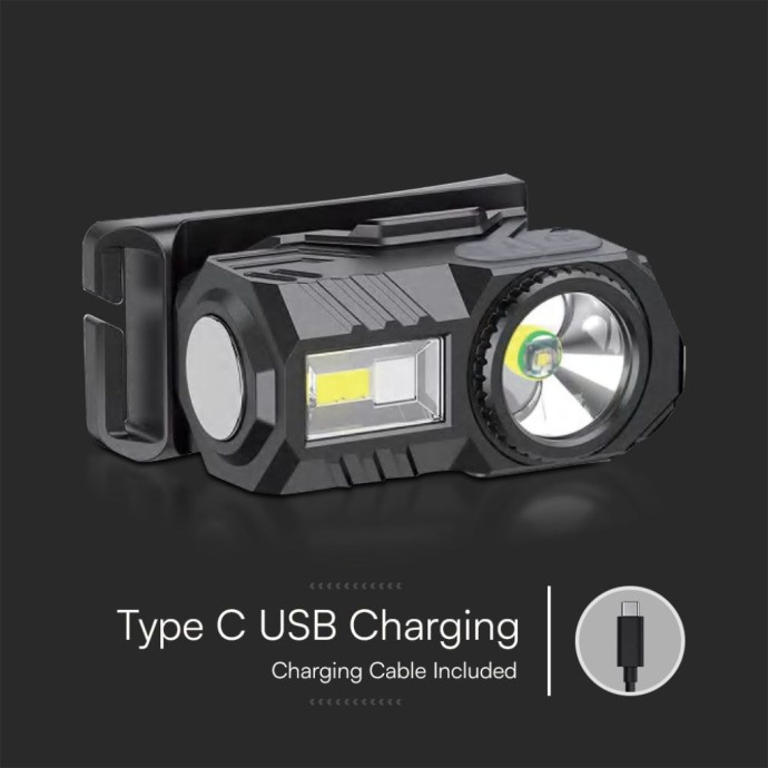Torcia LED Frontale Ricaricabile USB-C 3W 190lm IP43 con Cintura in Silicone V-TAC VT-9902