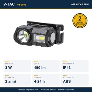 Torcia LED Frontale Ricaricabile USB-C 3W 190lm IP43 con Cintura in Silicone V-TAC VT-9902 - foto 10