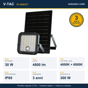 Faro LED Solare 30W con Sensore PIR e Telecomando CCT 4000K+6000K IP65 V-TAC VT-432CCT - foto 20