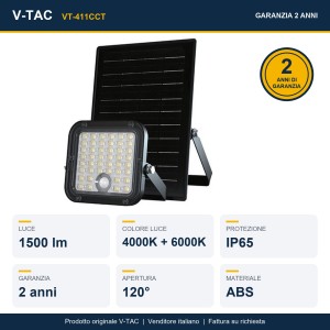 Faro LED solare 10W 4000K/6000K con telecomando e sensore PIR IP65 nero V-TAC VT-411CCT - foto 20