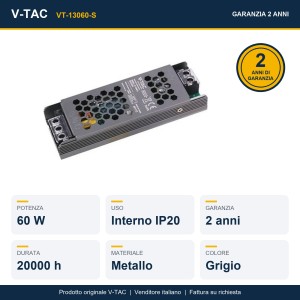 Alimentatore LED Slim 60W 12V 5A IP20 in Metallo V-TAC VT-13060-S - foto 5