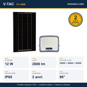 Faro LED solare 12W CCT 3000K 4500K 6500K IP65 nero con telecomando V-TAC VT-105W - foto 12