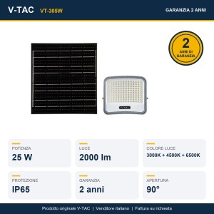 Faro LED solare 25W CCT 3000K 4500K 6500K con telecomando IP65 nero V-TAC VT-305W - foto 11