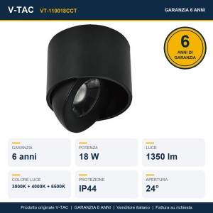 Faretto LED COB 18W CCT 3000K 4000K 6500K nero IP44 orientabile V-TAC VT-110018CCT - foto 13