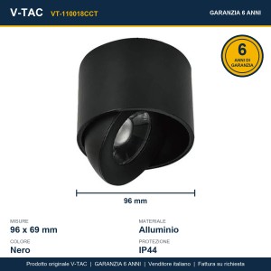 Faretto LED COB 18W CCT 3000K 4000K 6500K nero IP44 orientabile V-TAC VT-110018CCT - foto 14