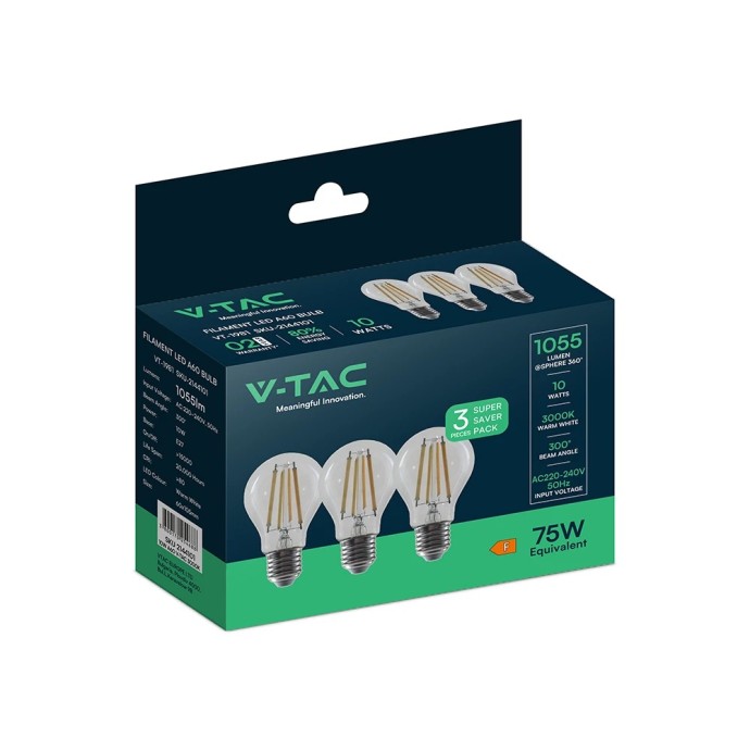 Lampadina LED a filamento A60 10W E27 3000K V-TAC VT-1981, confezione da 3 pezzi